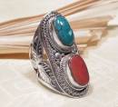 Grosser Tibetischer Ring mit Türkis und Koralle - 925er Sterling Silber - Nepal
