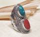 Grosser Tibetischer Ring mit Trkis und Koralle - 925er Sterling Silber - Nepal