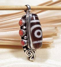 Anh&auml;nger - DZI Amulett  - Achat - 925er Sterling Silber - Koralle - NEPAL #2