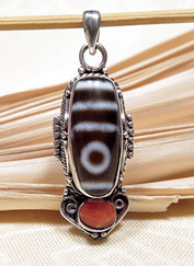 Anh�nger - DZI Amulett  - Achat - 925er Sterling Silber - Koralle - NEPAL #1